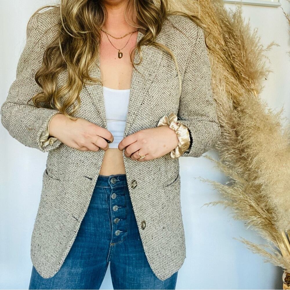 VINTAGE Cream White Brown Faux Suede Tweed Blazer Button Front Pocket Jacket S - Picture 6 of 7